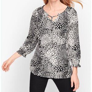 Talbots Abstract Clover Blouse Womens Large Black White 3/4 Sleeve Tie Neck Top
